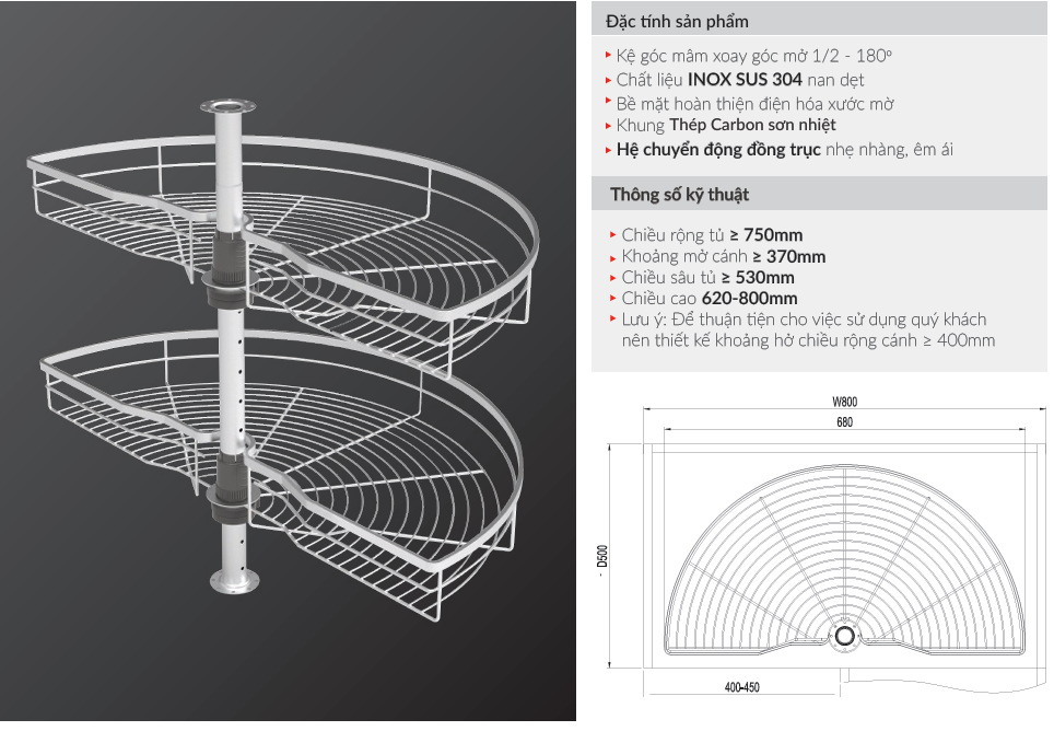 Kệ Góc Mâm Xoay Góc Mở 1/2 - 180o  SIRIUS SERIES XC.180.80S
