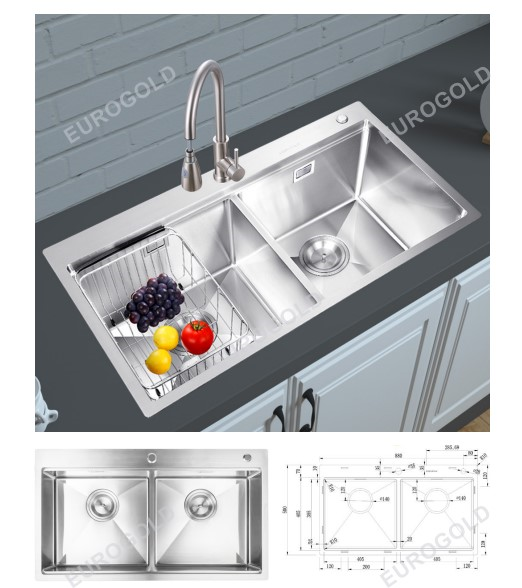 Chậu rửa inox SUS304 kèm khay inox, khay gài dao dày 1.0mm EUD88850