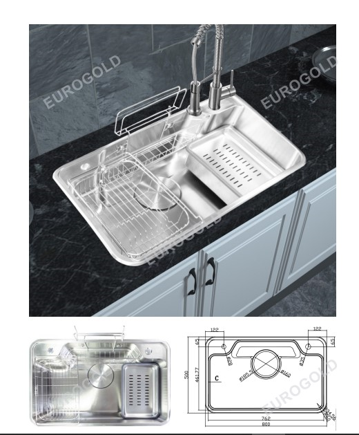 Chậu rửa inox SUS304 kèm khay inox, khay gài dao dày 1.0mm EUS88050