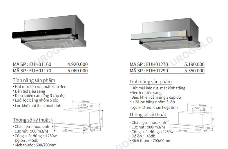 Máy hút mùi mặt kính trắng kéo rút EUH01290